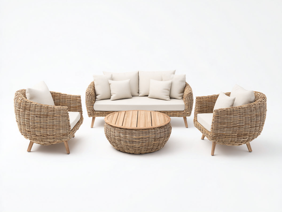 Canapé de jardin - rotin-bois-tissu - 188 x 84 x 81 cm - naturel-blanc cassé - style organique contemporain