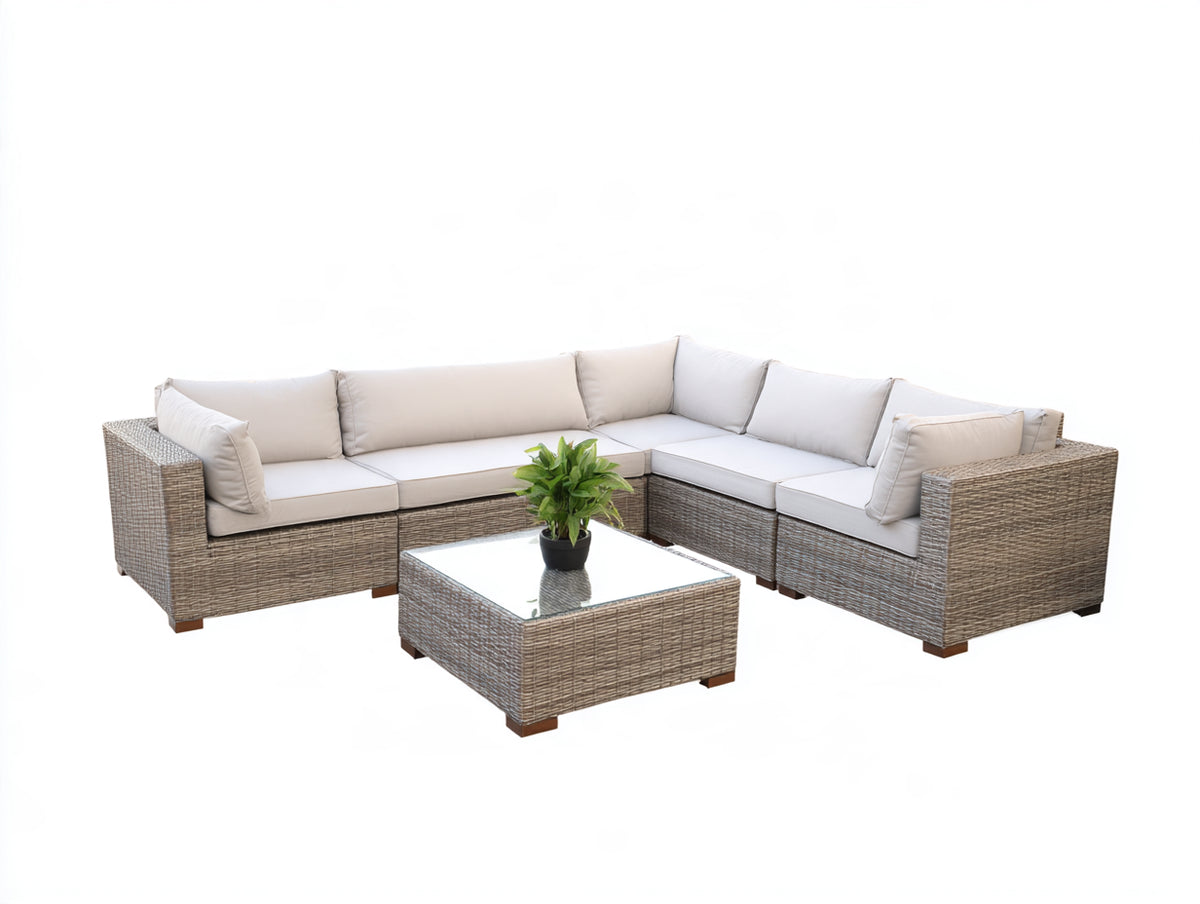 Canapé de jardin - rotin-tissu - 246 x 246 x 77 cm - taupe clair-blanc cassé - style contemporain épuré