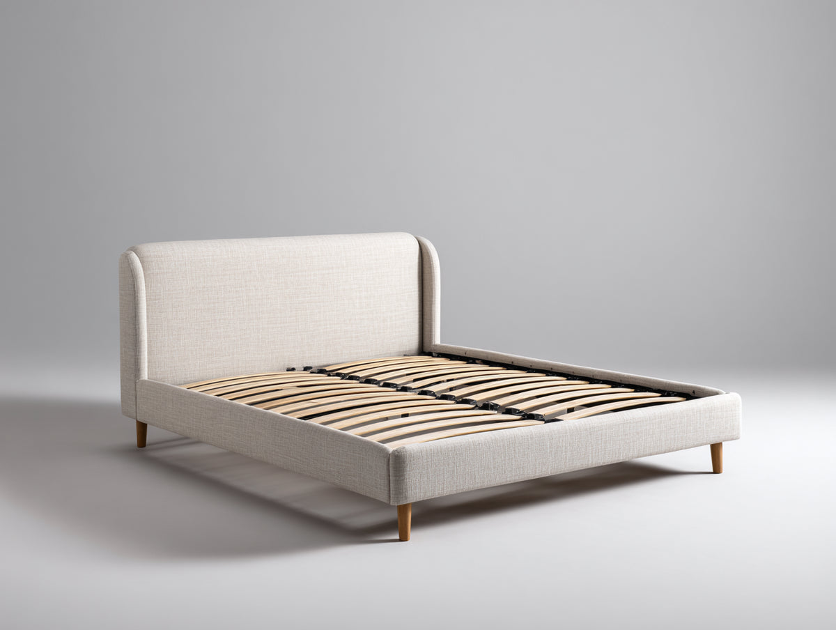 Lit double - Tissu-Bois - 211x171x111 cm - Beige clair-Bois naturel - Style contemporain