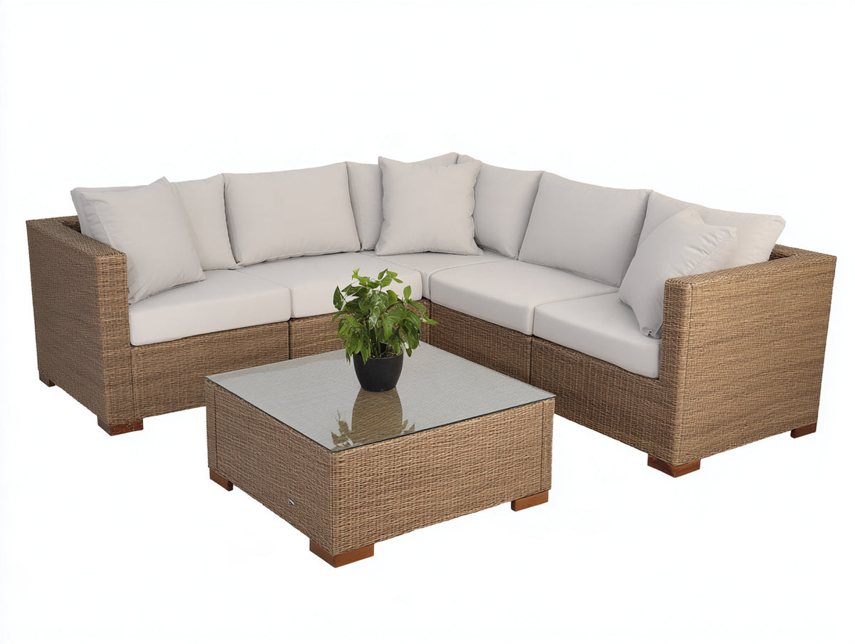 Canapé de jardin - rotin-tissu - 238 x 238 x 80 cm - beige-blanc cassé - style moderne naturel