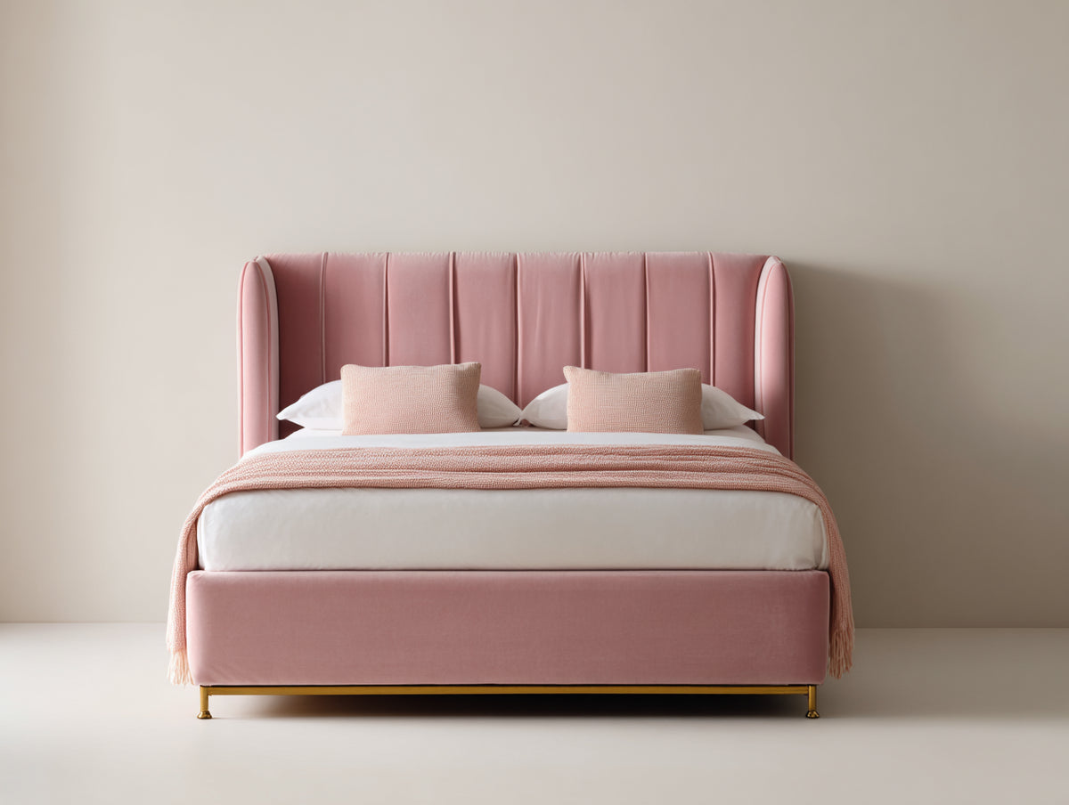 Lit double - Velours-Métal - 208x170x120 cm - Rose poudré-Doré - Style élégant