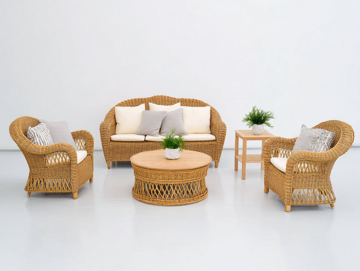 Canapé de jardin - rotin-bois-tissu - 164 x 84 x 88 cm - naturel-blanc cassé - style bohème classique