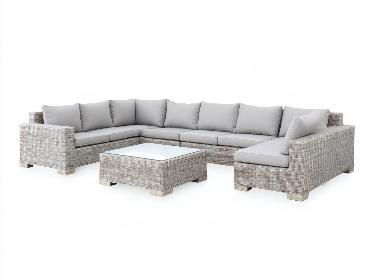 Canapé de jardin - rotin-tissu - 304 x 222 x 78 cm - beige clair-gris clair - style contemporain spacieux