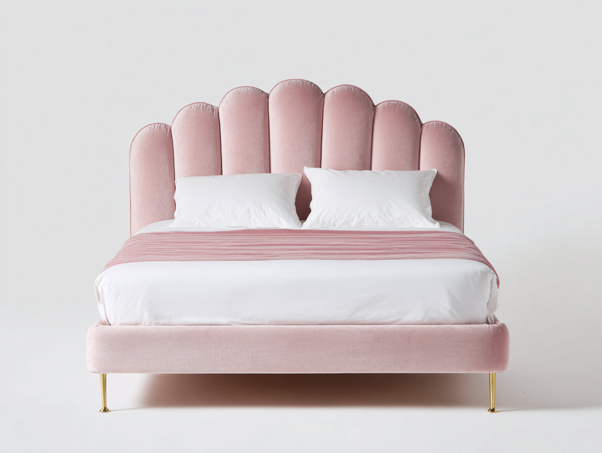 Lit double - Velours-Métal - 209x168x121 cm - Rose poudré-Doré - Style glamour