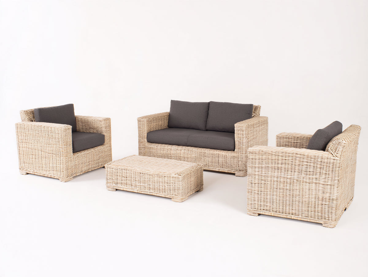 Canapé de jardin - rotin-tissu - 152 x 84 x 76 cm - beige-gris foncé - style contemporain naturel
