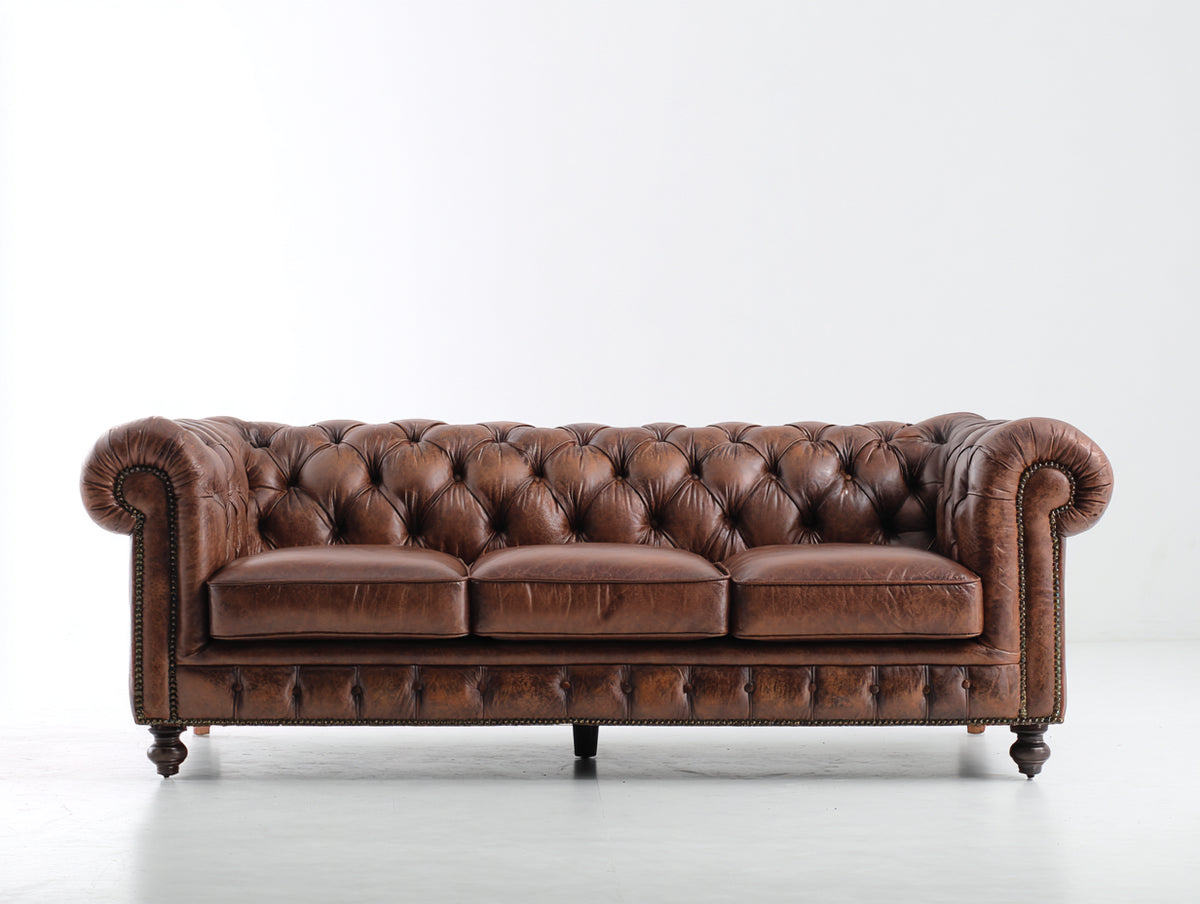 Canapé 3 places - Cuir - 218 x 92 x 78 cm - Marron - Style Chesterfield
