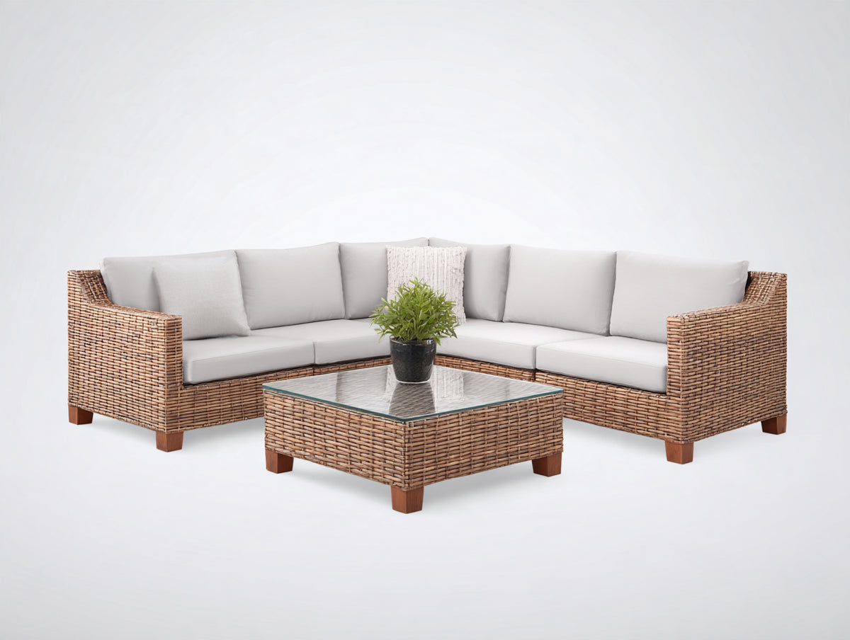 Canapé de jardin - rotin-tissu - 232 x 232 x 78 cm - marron clair-gris clair - style contemporain tressé