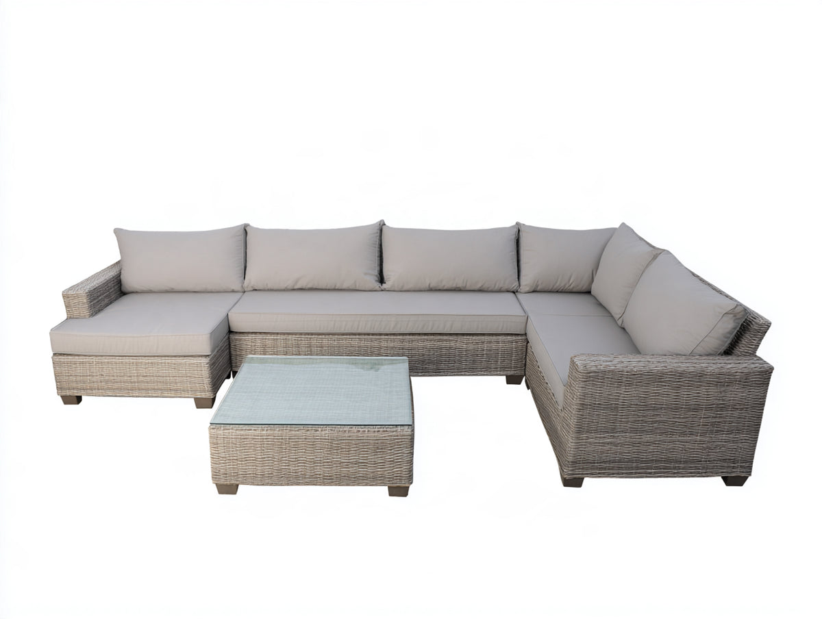 Canapé de jardin - rotin-tissu - 286 x 201 x 78 cm - beige-gris clair - style contemporain modulable