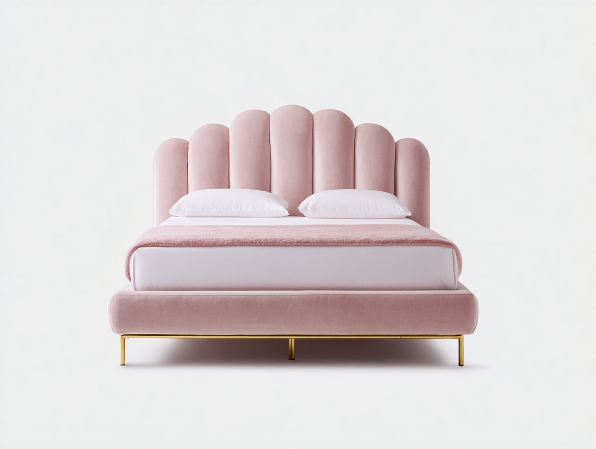 Lit double - Velours-Métal - 207x166x118 cm - Rose poudré-Doré - Style Art déco