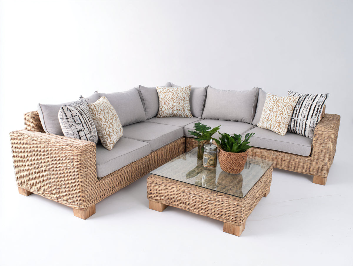 Canapé de jardin - rotin-tissu - 225 x 225 x 78 cm - marron clair-gris clair - style contemporain tressé