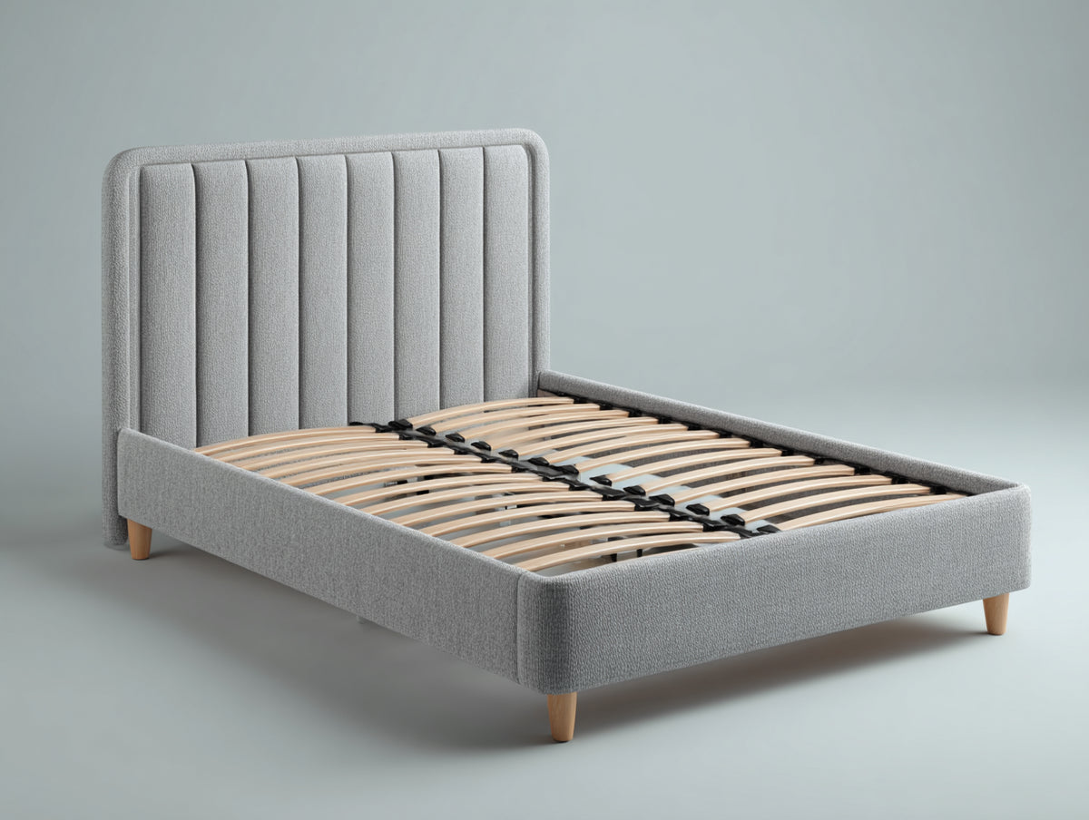 Lit double - Tissu-Bois - 210x168x112 cm - Gris clair-Bois naturel - Style moderne
